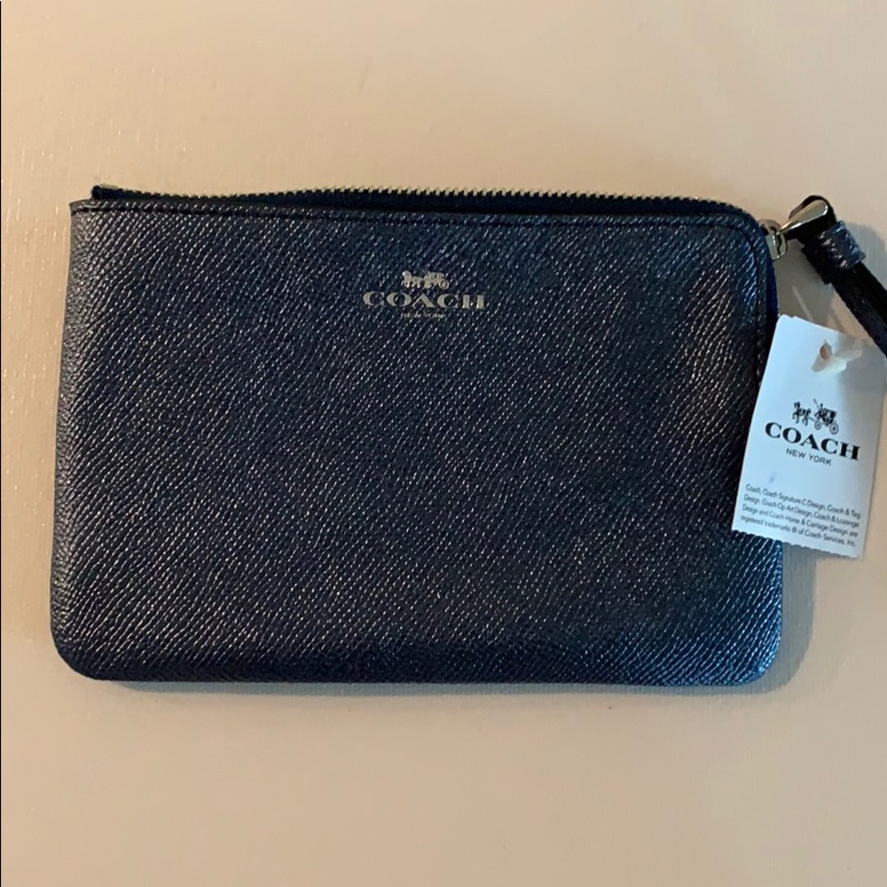 Coach Navy Leather Metallic Zip Wristlet